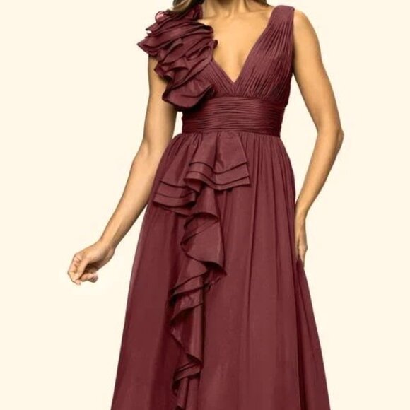 Xscape Wine Burgundy Ruffle Organza Gown